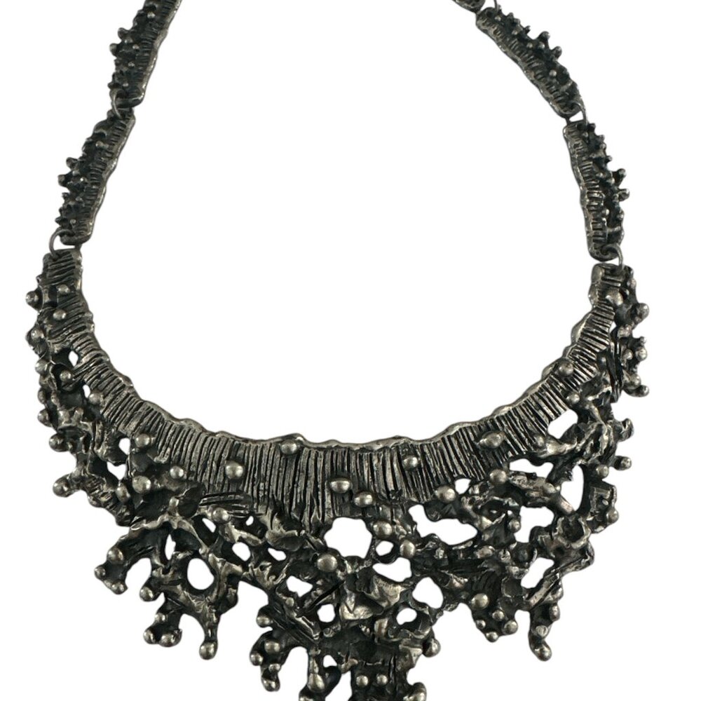 Vintage Guy Vidal Modernist Brutalist Necklace Pewter Bib 70's